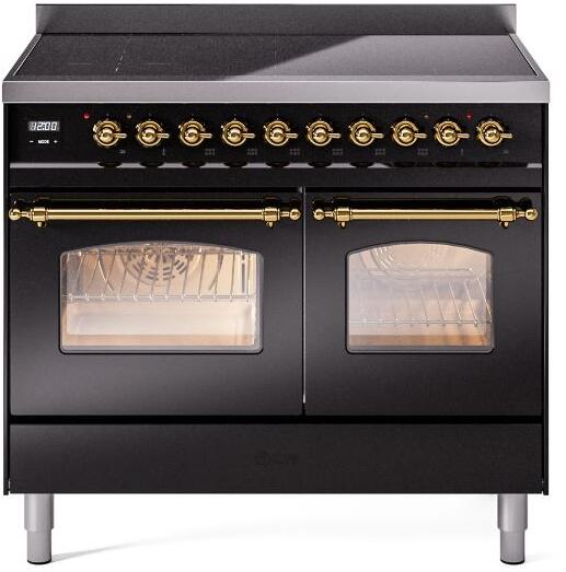 ILVE Nostalgie II 40-Inch Freestanding Electric Induction Range in Glossy Black with Brass Trim (UPDI406NMPBKG)