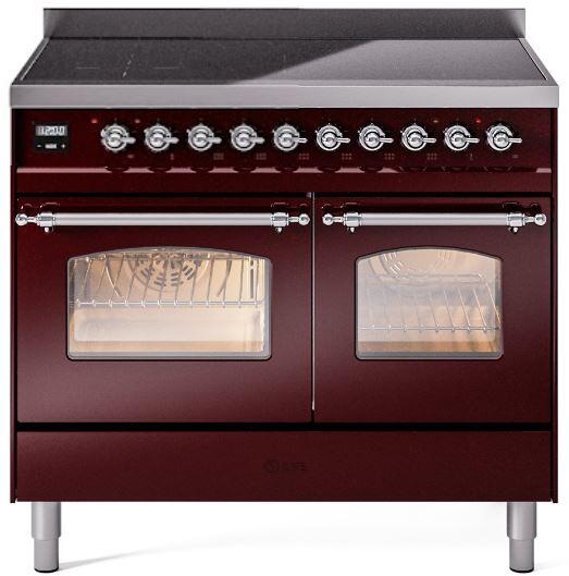 ILVE Nostalgie II 40-Inch Freestanding Electric Induction Range in Burgundy with Chrome Trim (UPDI406NMPBUC)