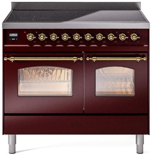 ILVE Nostalgie II 40-Inch Freestanding Electric Induction Range in Burgundy with Brass Trim (UPDI406NMPBUG)