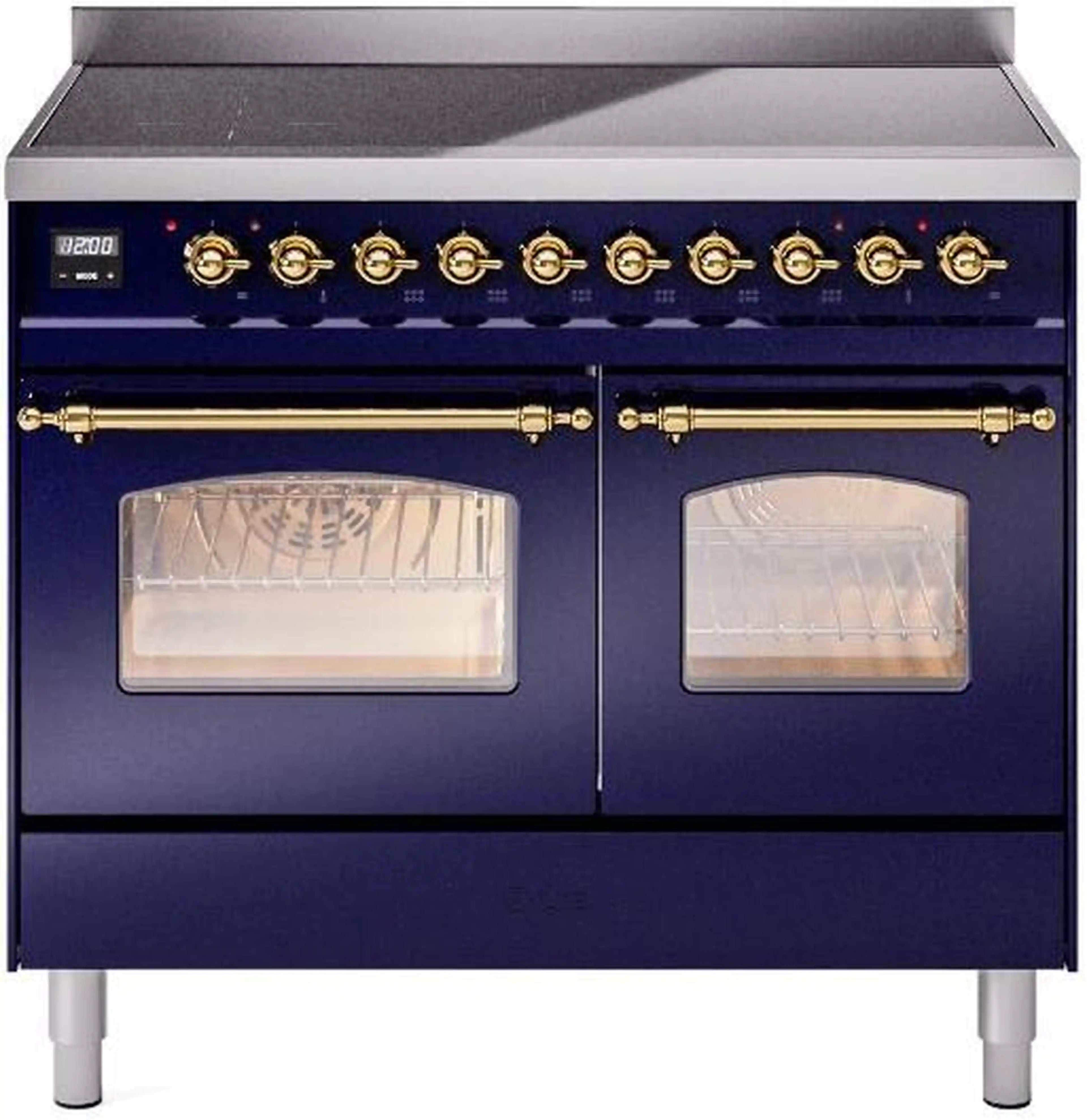 ILVE Nostalgie II 40-Inch Freestanding Electric Induction Range in Midnight Blue with Brass Trim (UPDI406NMPMBG)