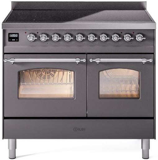 ILVE Nostalgie II 40-Inch Freestanding Electric Induction Range in Matte Graphite with Chrome Trim (UPDI406NMPMGC)