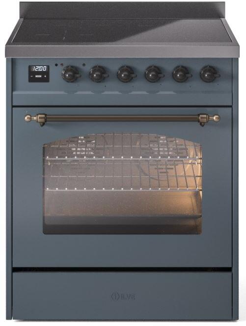 ILVE Nostalgie II 30-Inch Freestanding Electric Induction Range in Blue Grey with Bronze Trim (UPI304NMPBGB)