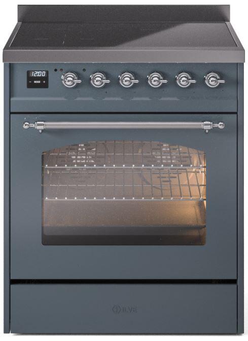 ILVE Nostalgie II 30-Inch Freestanding Electric Induction Range in Blue Grey with Chrome Trim (UPI304NMPBGC)