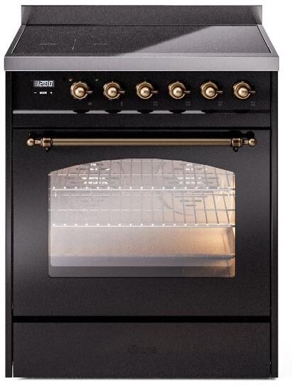 ILVE Nostalgie II 30-Inch Freestanding Electric Induction Range in Glossy Black with Bronze Trim (UPI304NMPBKB)