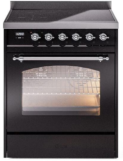 ILVE Nostalgie II 30-Inch Freestanding Electric Induction Range in Glossy Black with Chrome Trim (UPI304NMPBKC)