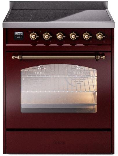 ILVE Nostalgie II 30-Inch Freestanding Electric Induction Range in Burgundy with Bronze Trim (UPI304NMPBUB)