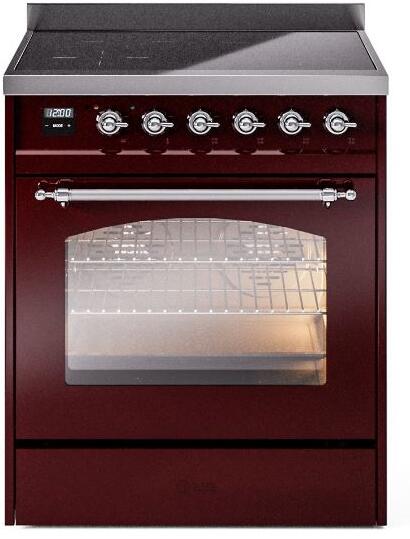 ILVE Nostalgie II 30-Inch Freestanding Electric Induction Range in Burgundy with Chrome Trim (UPI304NMPBUC)