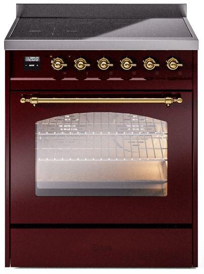 ILVE Nostalgie II 30-Inch Freestanding Electric Induction Range in Burgundy with Brass Trim (UPI304NMPBUG)