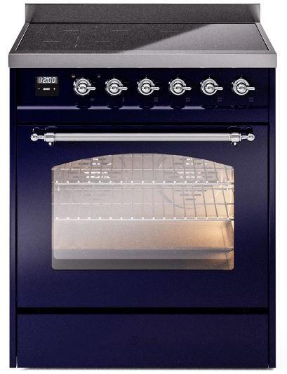 ILVE Nostalgie II 30-Inch Freestanding Electric Induction Range in Midnight Blue with Chrome Trim (UPI304NMPMBC)