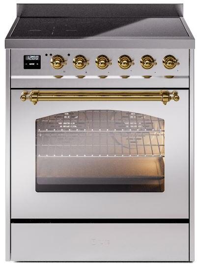 ILVE Nostalgie II 30-Inch Freestanding Electric Induction Range in Stainless Steel with Brass Trim (UPI304NMPSSG)