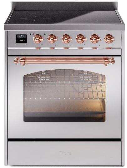 ILVE Nostalgie II 30-Inch Freestanding Electric Induction Range in Stainless Steel with Copper Trim (UPI304NMPSSP)