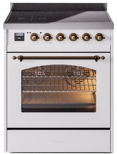 ILVE Nostalgie II 30-Inch Freestanding Electric Induction Range in White with Bronze Trim (UPI304NMPWHB)