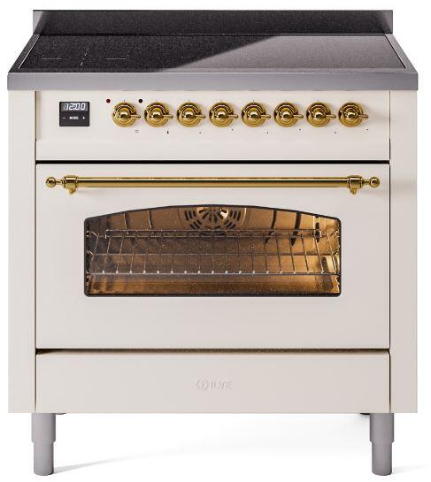 ILVE Nostalgie II 36-Inch Freestanding Electric Induction Range in Antique White with Brass Trim (UPI366NMPAWG)