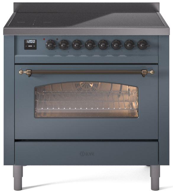 ILVE Nostalgie II 36-Inch Freestanding Electric Induction Range in Blue Grey with Bronze Trim (UPI366NMPBGB)