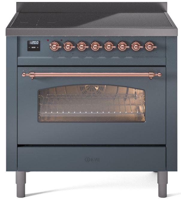 ILVE Nostalgie II 36-Inch Freestanding Electric Induction Range in Blue Grey with Copper Trim (UPI366NMPBGP)