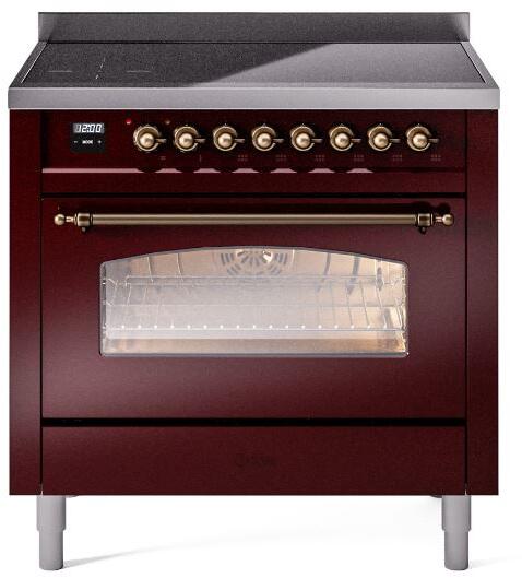 ILVE Nostalgie II 36-Inch Freestanding Electric Induction Range in Burgundy with Bronze Trim (UPI366NMPBUB)