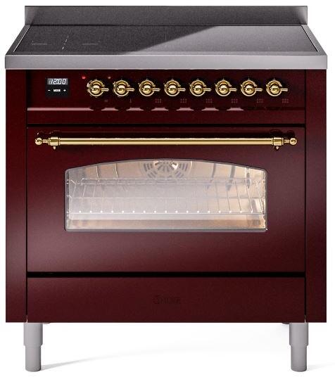 ILVE Nostalgie II 36-Inch Freestanding Electric Induction Range in Burgundy with Brass Trim (UPI366NMPBUG)