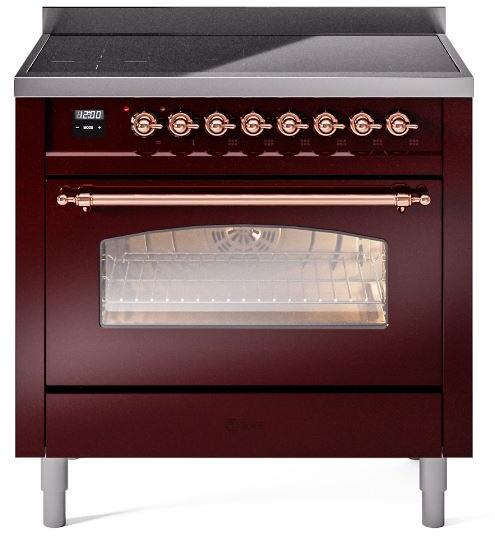 ILVE Nostalgie II 36-Inch Freestanding Electric Induction Range in Burgundy with Copper Trim (UPI366NMPBUP)