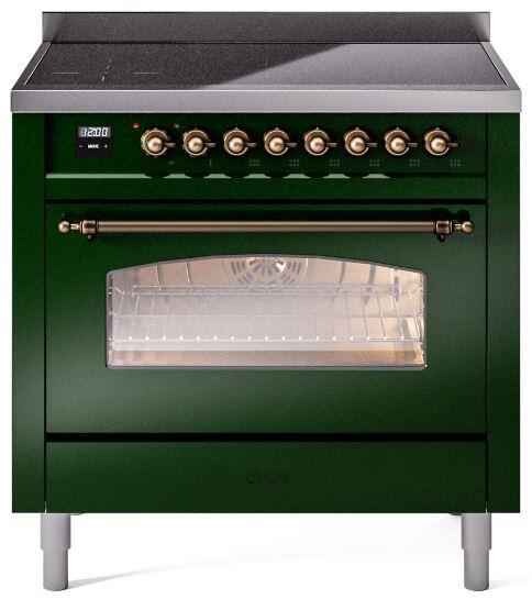 ILVE Nostalgie II 36-Inch Freestanding Electric Induction Range in Emerald Green with Bronze Trim (UPI366NMPEGB)