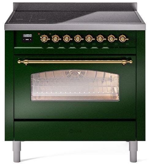 ILVE Nostalgie II 36-Inch Freestanding Electric Induction Range in Emerald Green with Brass Trim (UPI366NMPEGG)