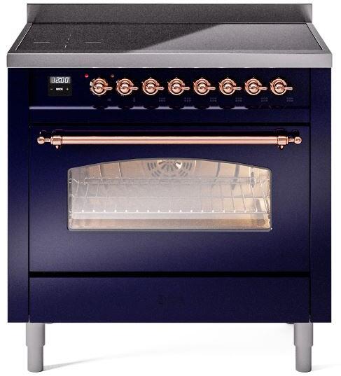 ILVE Nostalgie II 36-Inch Freestanding Electric Induction Range in Midnight Blue with Copper Trim (UPI366NMPMBP)