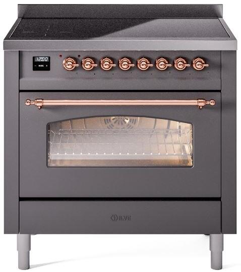 ILVE Nostalgie II 36-Inch Freestanding Electric Induction Range in Matte Graphite with Copper Trim (UPI366NMPMGP)