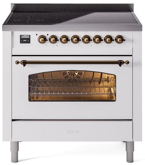 ILVE Nostalgie II 36-Inch Freestanding Electric Induction Range in White with Bronze Trim (UPI366NMPWHB)