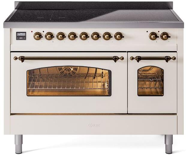 ILVE Nostalgie II 48-Inch Freestanding Electric Induction Range in Antique White with Bronze Trim (UPI486NMPAWB)