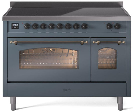 ILVE Nostalgie II 48-Inch Freestanding Electric Induction Range in Blue Grey with Bronze Trim (UPI486NMPBGB)