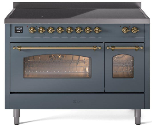 ILVE Nostalgie II 48-Inch Freestanding Electric Induction Range in Blue Grey with Brass Trim (UPI486NMPBGG)