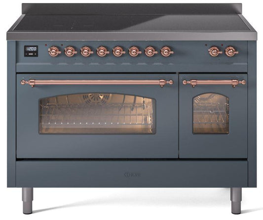 ILVE Nostalgie II 48-Inch Freestanding Electric Induction Range in Blue Grey with Copper Trim (UPI486NMPBGP)