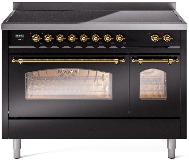 ILVE Nostalgie II 48-Inch Freestanding Electric Induction Range in Glossy Black with Brass Trim (UPI486NMPBKG)