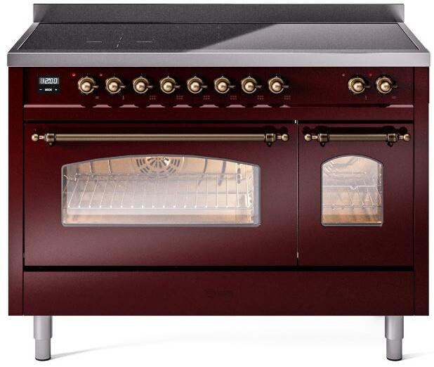 ILVE Nostalgie II 48-Inch Freestanding Electric Induction Range in Burgundy with Bronze Trim (UPI486NMPBUB)