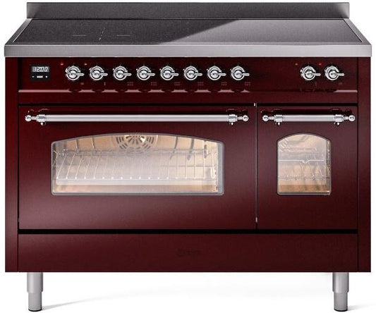 ILVE Nostalgie II 48-Inch Freestanding Electric Induction Range in Burgundy with Chrome Trim (UPI486NMPBUC)