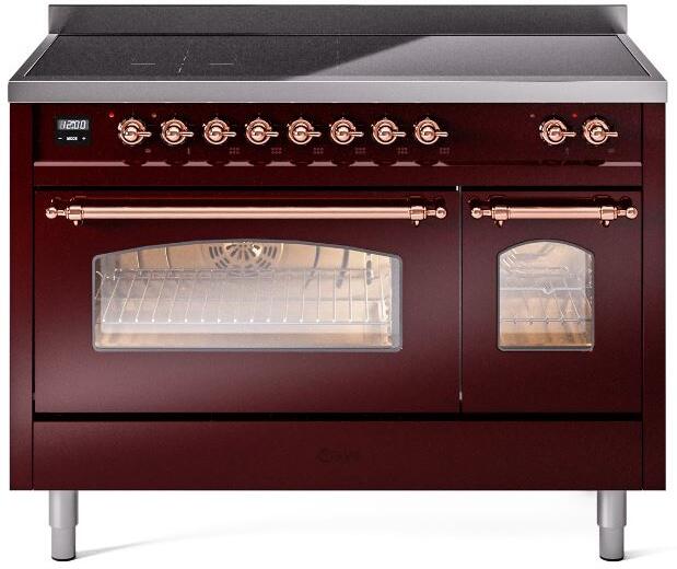 ILVE Nostalgie II 48-Inch Freestanding Electric Induction Range in Burgundy with Copper Trim (UPI486NMPBUP)