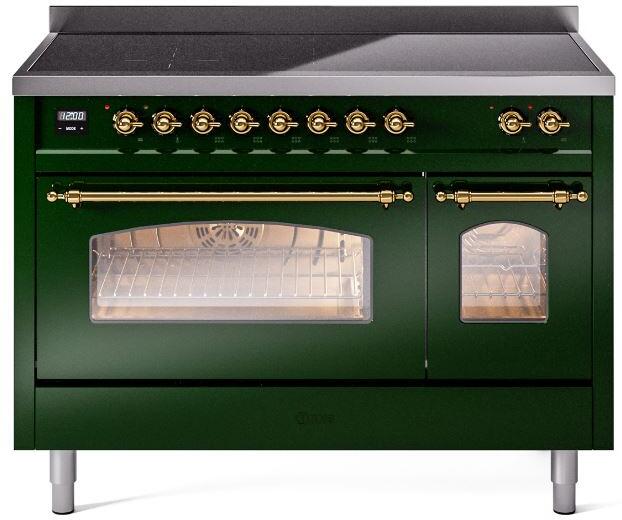 ILVE Nostalgie II 48-Inch Freestanding Electric Induction Range in Emerald Green with Brass Trim (UPI486NMPEGG)