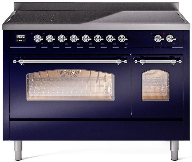 ILVE Nostalgie II 48-Inch Freestanding Electric Induction Range in Midnight Blue with Chrome Trim (UPI486NMPMBC)