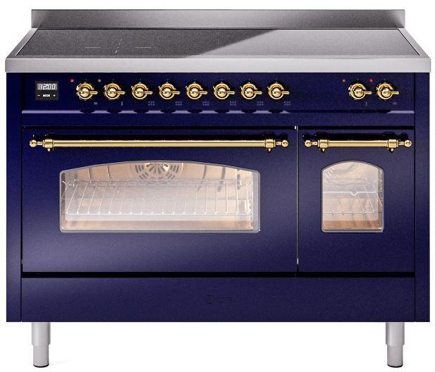 ILVE Nostalgie II 48-Inch Freestanding Electric Induction Range in Midnight Blue with Brass Trim (UPI486NMPMBG)