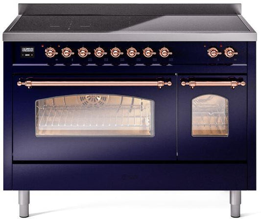 ILVE Nostalgie II 48-Inch Freestanding Electric Induction Range in Midnight Blue with Copper Trim (UPI486NMPMBP)