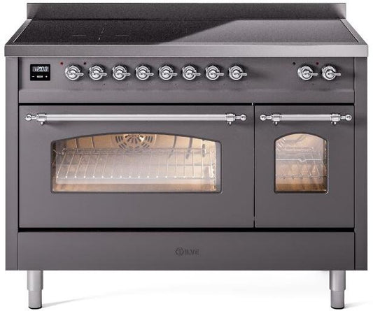 ILVE Nostalgie II 48-Inch Freestanding Electric Induction Range in Matte Graphite with Chrome Trim (UPI486NMPMGC)