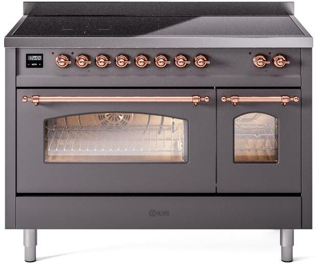 ILVE Nostalgie II 48-Inch Freestanding Electric Induction Range in Matte Graphite with Copper Trim (UPI486NMPMGP)