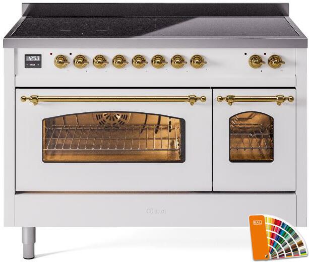 ILVE Nostalgie II 48-Inch Freestanding Electric Induction Range in Custom RAL with Brass Trim (UPI486NMPRAG)