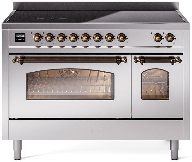 ILVE Nostalgie II 48-Inch Freestanding Electric Induction Range in Stainless Steel with Bronze Trim (UPI486NMPSSB)