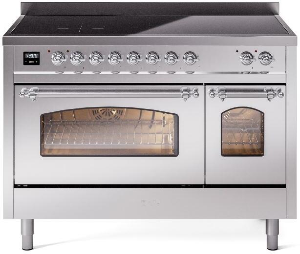 ILVE Nostalgie II 48-Inch Freestanding Electric Induction Range in Stainless Steel with Chrome Trim (UPI486NMPSSC)