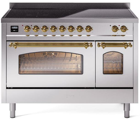 ILVE Nostalgie II 48-Inch Freestanding Electric Induction Range in Stainless Steel with Brass Trim (UPI486NMPSSG)