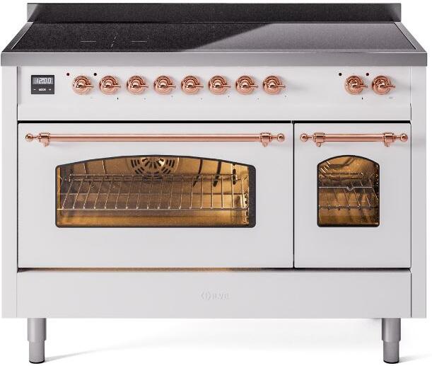 ILVE Nostalgie II 48-Inch Freestanding Electric Induction Range in White with Copper Trim (UPI486NMPWHP)