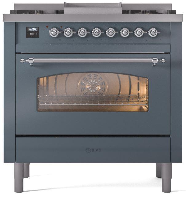 ILVE Nostalgie II 36-Inch Dual Fuel Freestanding Range in Blue Grey with Chrome Trim (UP36FNMPBGC)