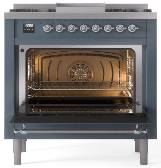 ILVE Nostalgie II 36-Inch Dual Fuel Freestanding Range in Blue Grey with Chrome Trim (UP36FNMPBGC)