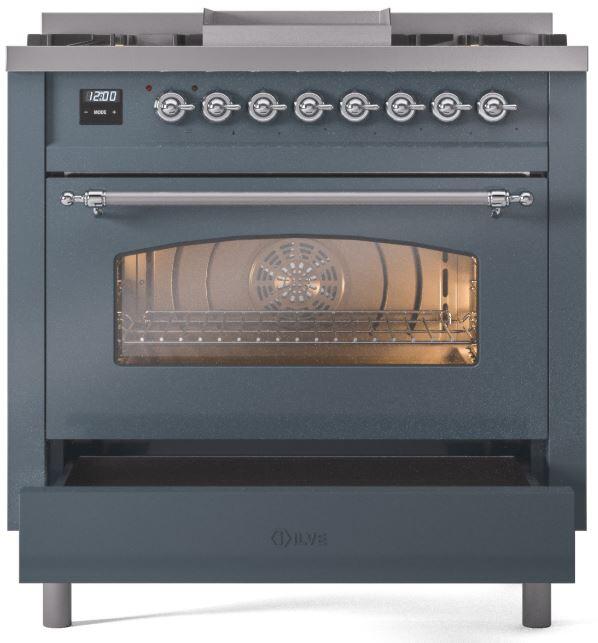 ILVE Nostalgie II 36-Inch Dual Fuel Freestanding Range in Blue Grey with Chrome Trim (UP36FNMPBGC)