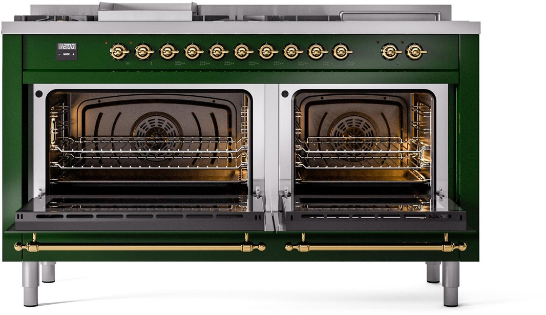 ILVE Nostalgie II 60-Inch Dual Fuel Freestanding Range in Emerald Green with Brass Trim (UP60FSNMPEGG)